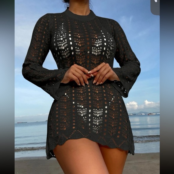 Sexy Sheer Mesh Crochet Lace Cover Up Dress Black - Picture 2 of 3